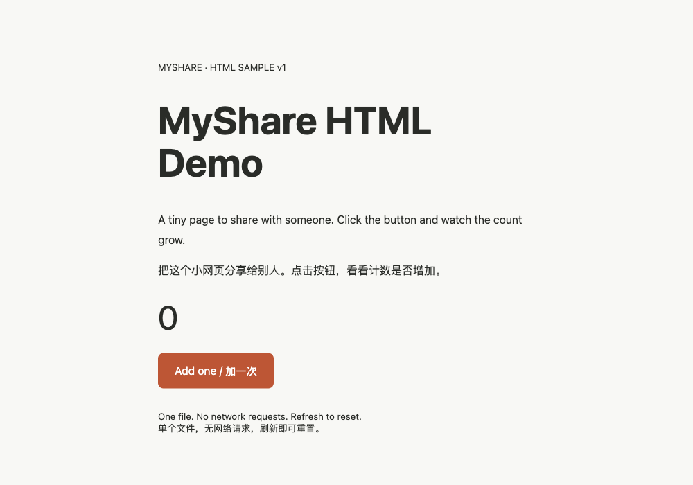 HTML 示例的实际画面：标题 MyShare HTML Demo、初始计数 0 和加一次按钮